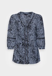 Blusa preta e azul clara com padrão, decote em V, mangas três quartos e tecido texturizado com desenhos abstratos.