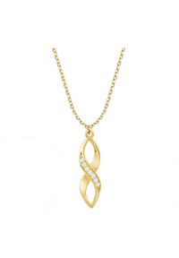 Collana d'oro con un pendente infinito attorcigliato decorato con sei pietre trasparenti e brillanti montate su una finitura elegante e lucida.