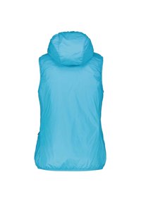 Lichte mouwloze vest in felblauw. Heeft een capuchon en een gladde, glanzende textuur. Minimalistisch ontwerp zonder zichtbare sluitingen of accenten.