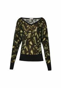 Pitkähihaisen V-kaula-aukkoinen neule, jossa musta ja vihreä abstrakti kuvio, kimaltava pinta ja yksivärinen musta helma.