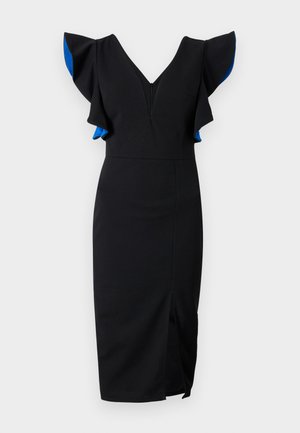 Black dress with a deep V-neck, ruffled sleeves in blue, fitted silhouette, knee-length, and a side slit for added detail.
