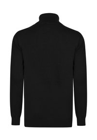 Must mustrikkidest turtleneck-sviiter, millel on kõrge krae, pikad varrukad ning soonikkoes mansetid ja allatutt. Sile tekstuur ja istuv disain.