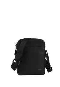 Borsa a tracolla nera in pelle texturizzata, con chiusura a zip e una tracolla con dettagli del logo per lunghezza regolabile.