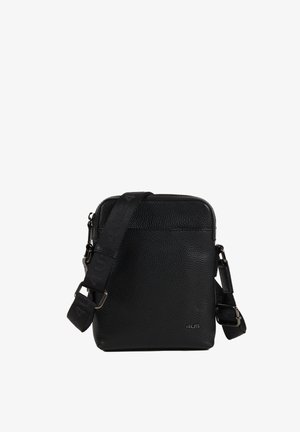 Borsa a tracolla nera in pelle texturizzata, con chiusura a zip e una tracolla con dettagli del logo per lunghezza regolabile.