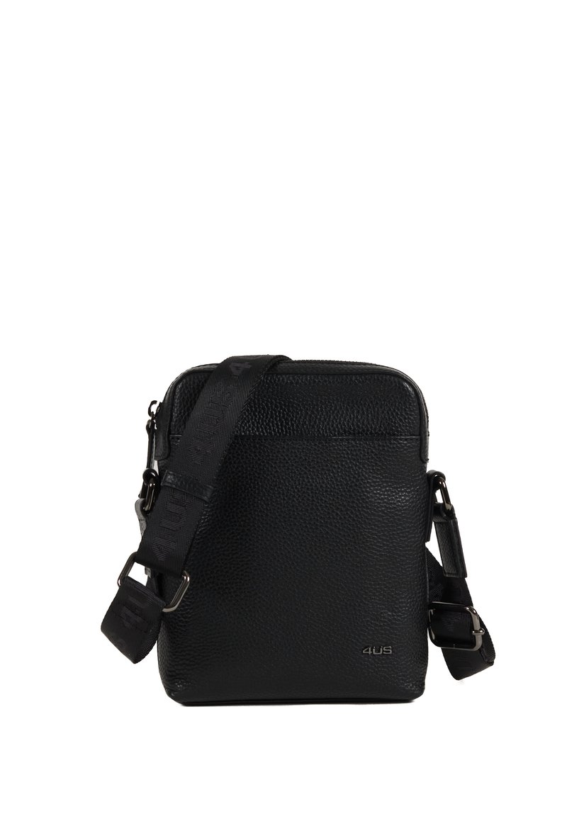 Borsa a tracolla nera in pelle texturizzata, con chiusura a zip e una tracolla con dettagli del logo per lunghezza regolabile.