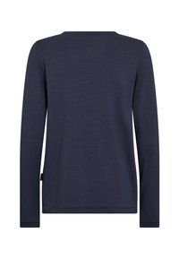 Langärmliges, marineblaues Oberteil mit Rundhalsausschnitt und einer weichen, glatten Textur. Verfügt über einen geraden Schnitt und minimale Nähdetails.