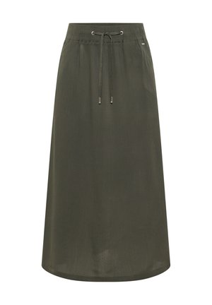 Jupe midi vert olive avec taille élastique et cordon ajustable, en tissu léger avec une texture subtile.