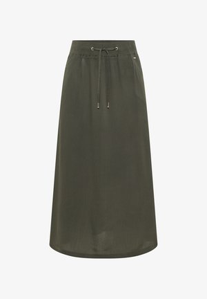 Jupe midi vert olive avec taille élastique et cordon ajustable, en tissu léger avec une texture subtile.