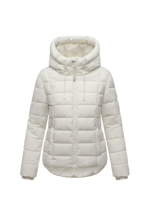 Biała ocieplana zimowa kurtka z kapturem i zapięciem z przodu, z poziomym pikowaniem i sznurkami na kapturze, prezentowana na białym tle.