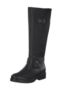 Bottes noires montantes en cuir lisse, avec panneau latéral élastique, accents de boucle et bout rond. Semelle texturée avec grip.