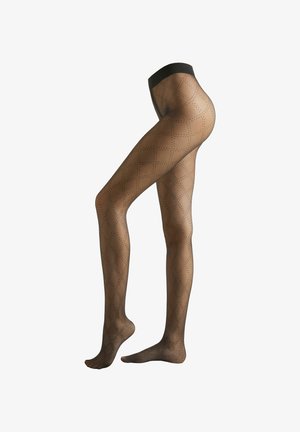 Medias negras transparentes con un patrón de diamantes, que presentan pequeños lunares en todo su diseño. Textura suave y una cinturilla ancha y sólida para mayor soporte.