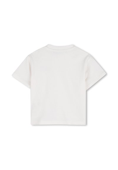 Witte katoenen T-shirt met korte mouwen, ronde hals en een strak ontwerp. Gladde textuur zonder zichtbare logo's of patronen aan de achterkant.