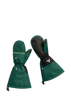 Moufles vertes avec une paume texturée noire, des poignets ajustables et un élastique de rassemblement. Présente de petites étoiles et un logo sur le tissu.