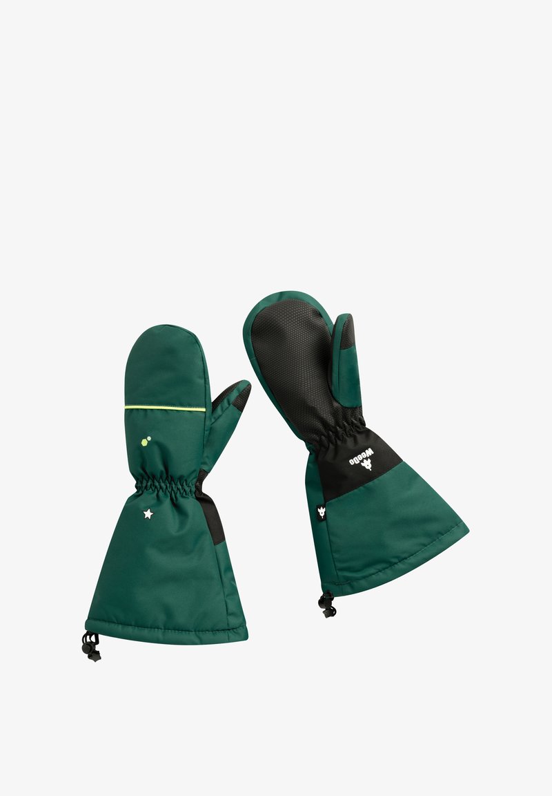 Manoplas verdes con palma texturizada negra, puños ajustables y recogido elástico. Presentan pequeñas estrellas y un logo en la tela.