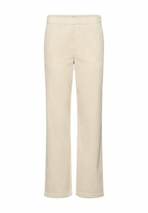 Beige broek met rechte pijpen, elastische tailleband en gestructureerde stof, ontworpen voor een ontspannen pasvorm.