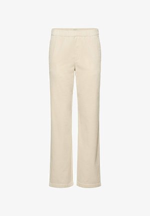 Beige straight-leg pants with elastic waistband and textured fabric, designed for a relaxed fit.