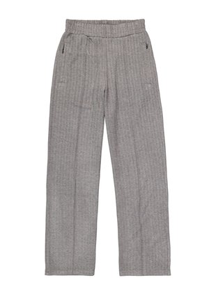 Pantalon gris en tissu tissé avec un motif en chevrons, taille élastique, deux poches latérales et jambes droites.