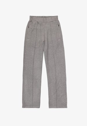 Graue, gewebte Hosen mit Fischgrätmuster, elastischem Bund, zwei seitlichen Taschen und geraden Beinen.