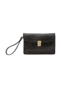 Portafoglio in pelle nera con un design rettangolare strutturato, caratterizzato da un flap frontale e una chiusura in tonalità oro. Include una tracolla rimovibile.