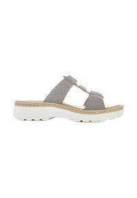 Grijze mesh sandaal met twee brede banden, witte plateauzool en geweven, getextureerde accenten aan de basis. Ontworpen voor comfort.