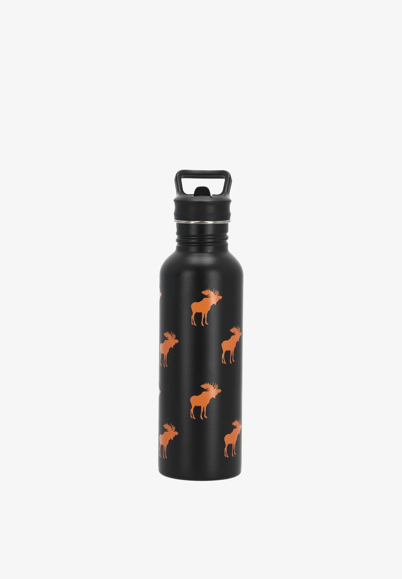 Black metal water bottle with black cap, decorated with multiple orange moose silhouettes.