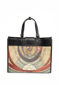 Borsa a tote in pelle nera con un design circolare multicolore, caratterizzata da testo, motivi grafici e una chiusura superiore con due manici.