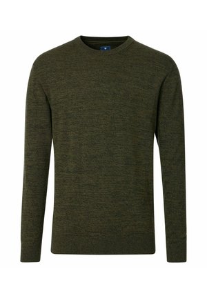 Grüner Strickpullover mit rundem Halsausschnitt, langen Ärmeln und gerippten Bündchen. Der strukturierte Stoff hat ein dezentes Muster. Keine sichtbaren Beschläge oder Akzente.