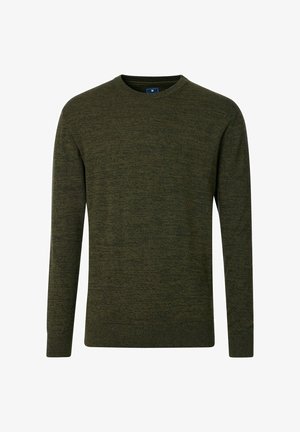 Zielony sweter dziewiarski z okrągłym dekoltem, długimi rękawami i prążkowanymi mankietami. Teksturowana tkanina ma subtelny wzór. Brak widocznych elementów metalowych lub akcentów.