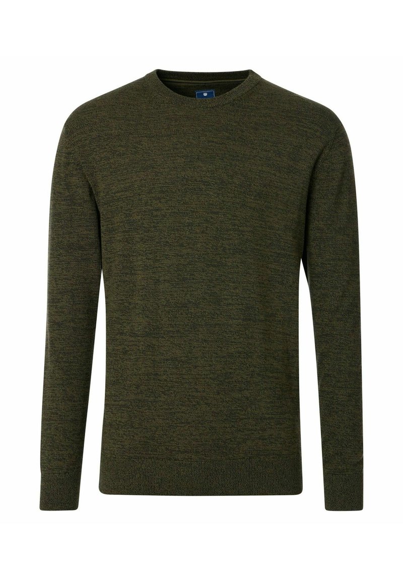 Zielony sweter dziewiarski z okrągłym dekoltem, długimi rękawami i prążkowanymi mankietami. Teksturowana tkanina ma subtelny wzór. Brak widocznych elementów metalowych lub akcentów.