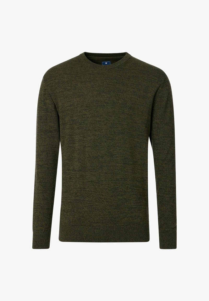 Grüner Strickpullover mit rundem Halsausschnitt, langen Ärmeln und gerippten Bündchen. Der strukturierte Stoff hat ein dezentes Muster. Keine sichtbaren Beschläge oder Akzente.