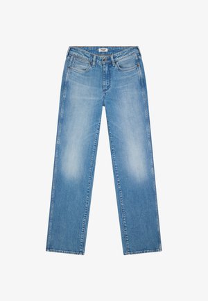 Jeans Wrangler azzurri chiaro con gamba dritta, design classico a cinque tasche e leggero effetto scolorito sulle cosce.
