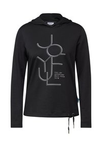 Svart hoodie med långa ärmar, med en vit grafisk textdesign, dragsko vid nederkant och en mjuk textur.