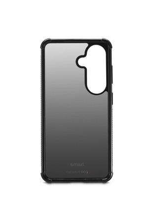 Schwarze transparente Handyhülle mit verstärkten Ecken und einem großen Ausschnitt für das Kameramodul vor weißem Hintergrund.