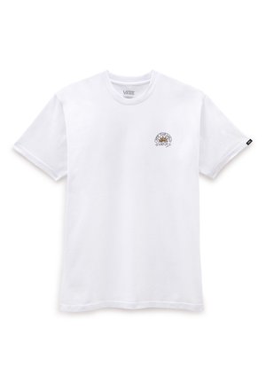 Hvid Vans T-shirt med lille logo og tegneserie grafik på venstre bryst med teksten "Off The Wall Vans."