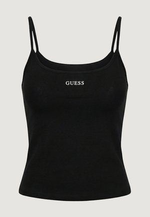 Schwarzes ärmelloses Crop-Top mit doppelten dünnen Schulterriemen und weiß aufgedrucktem "GUESS"-Logo in der Mitte der Brust.
