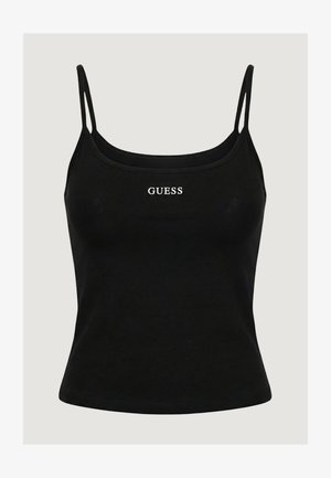 Haut court noir sans manches avec de fines bretelles doubles et le logo "GUESS" imprimé en blanc au centre de la poitrine.