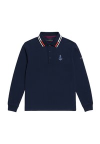 Polo-shirt à manches longues bleu marine avec un col rayé contrastant blanc et rouge, patte de boutonnage à trois boutons et logo d'ancre brodé sur la poitrine.