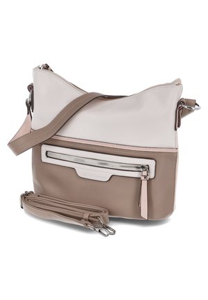 Leather crossbody bag in beige and light taupe. Features a zippered front pocket, adjustable strap, and smooth texture with a modern design.