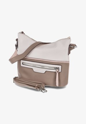 Leren schoudertas in beige en licht taupe. Voorzien van een ritsvak aan de voorkant, een verstelbare schouderband en een gladde textuur met een modern ontwerp.