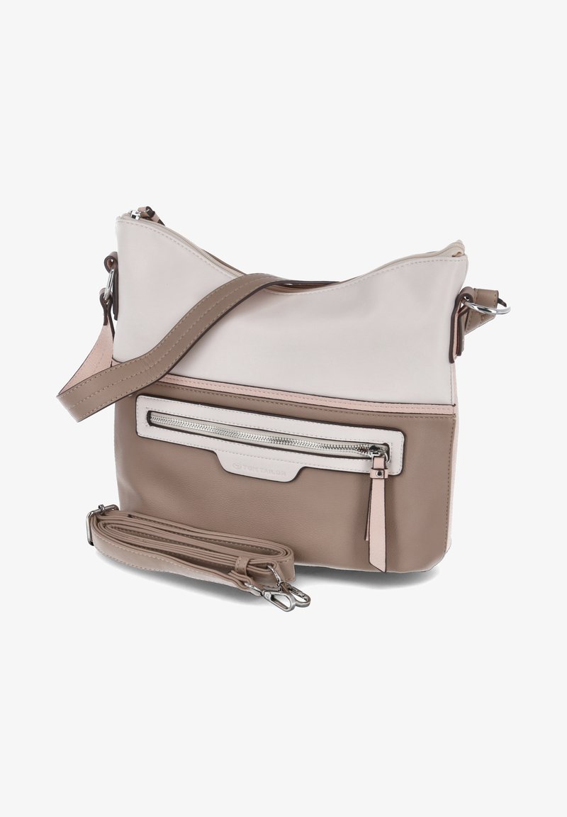 Beige und helltaupe Leder-Crossbody-Tasche. Verfügt über eine Reißverschlusstasche vorne, einen verstellbaren Riemen und eine glatte Textur mit modernem Design.
