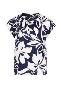 T-shirts med korte ærmer i marineblå med stort hvidt blomstermotiv, med en rynket halsudskæring og glat tekstur. Åndbart stof.