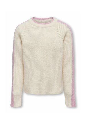 Kremfarvet sweater med tekstureret strik, med pink accenter på raglanærmerne. Halsudskæringen er rund, og pasformen er afslappet.