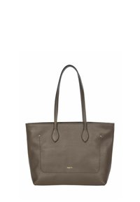 Sac fourre-tout en cuir marron avec double anses, surface texturée, corps plat et accents dorés. Poche avant avec un détail de marque subtil.