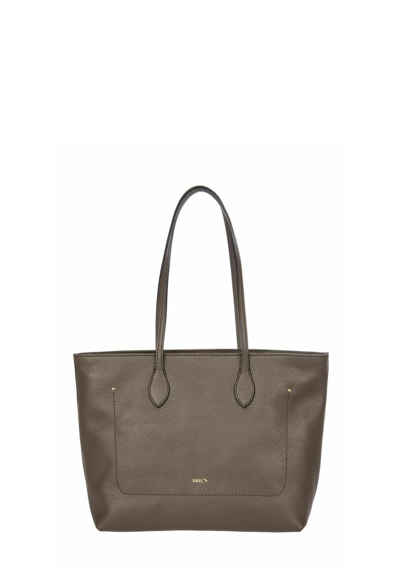 Sac fourre-tout en cuir marron avec double anses, surface texturée, corps plat et accents dorés. Poche avant avec un détail de marque subtil.