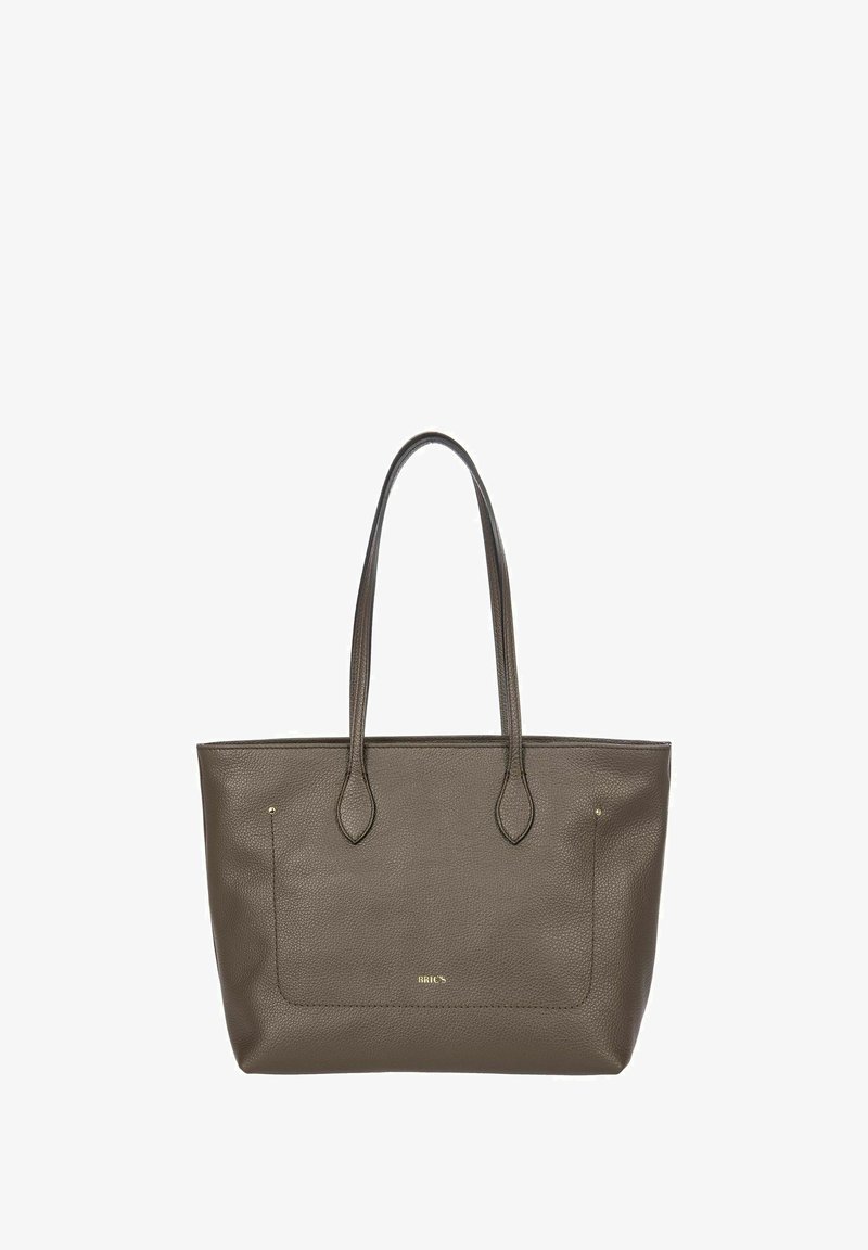 Braune Leder-Tote mit doppelten Griffen, strukturiertem Oberflächen, flachem Körper und goldfarbenen Akzenten. Vorderes Fach mit subtilen Branding-Details.