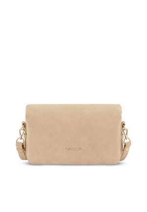 Sac en suédine beige à bandoulière avec un design pliable, détails en matériel doré et une sangle ajustable. Texture lisse et marque minimaliste.