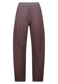 Bruine sweatpants van zacht materiaal, voorzien van een elastische tailleband met trekkoord, zijzakken en taps toelopende benen.