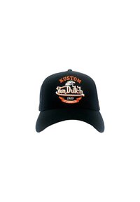 Gorra de béisbol negra con visera curva, que presenta texto bordado en naranja y blanco que dice "KUSTOM Von Dutch 1929 CLASSICS" y un logo.