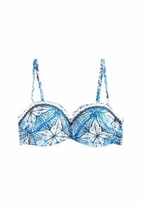 Haut de bikini bleu et blanc à motifs avec soutien-gorge à armatures, bretelles ajustables et bords festonnés. Présente des motifs floraux et géométriques.