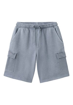 Lichtgrijze shorts met elastische tailleband, trekkoord, zijzakken en cargozakken op elke pijp, afgebeeld op witte achtergrond.